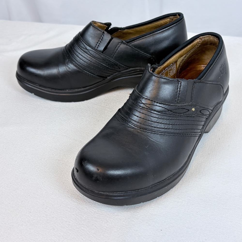 Ariat Womens Black Leather Slip On Steel Toe Clogs Slip Resistant Shoes Size 8